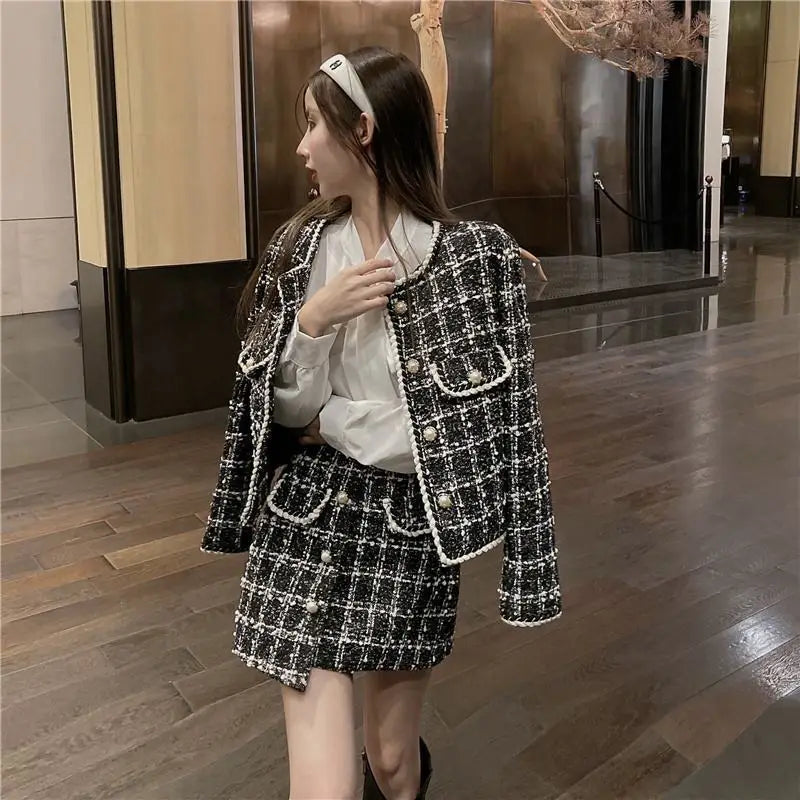 Formal Chic Houndstooth Plaid Set Skirt Women Spring Autumn New Fashion Loose Single-Breasted Plaid Jacket+Skirt Two-Piece Suit