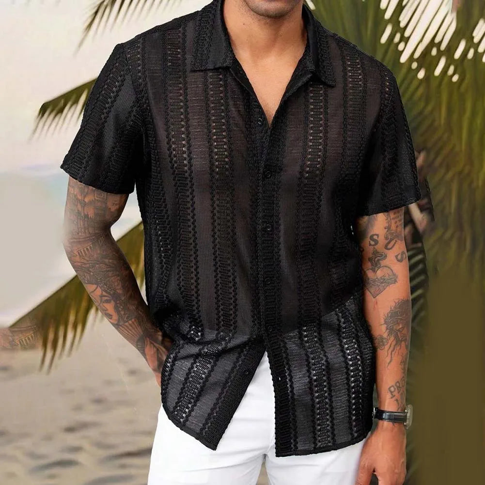 Black As Pictures Show Men s Summer Mesh Shirt Lace Shirt For Men Slight Stretch Solid Color Brand New Regular Length - Kimlud