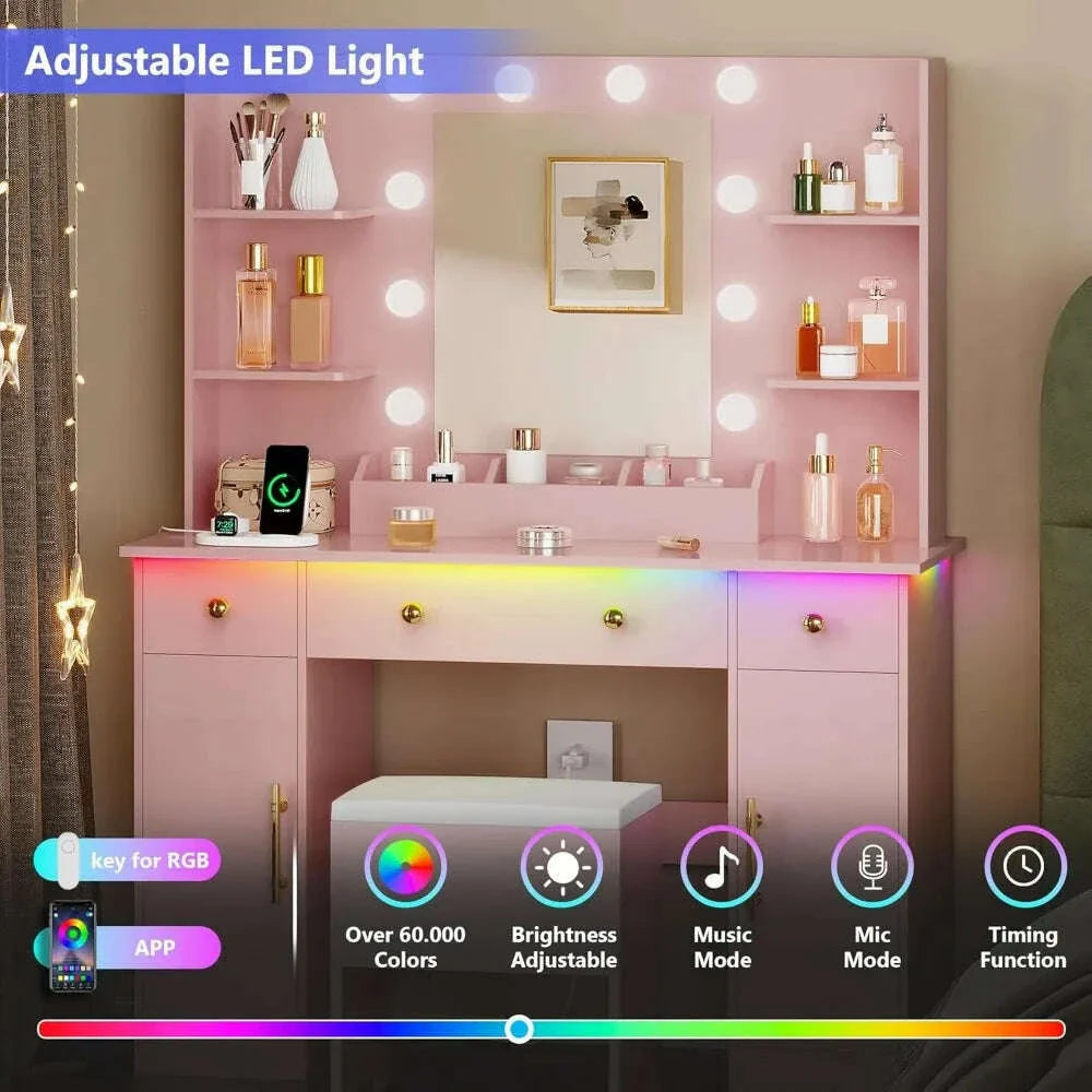 Vanity Desk with Mirror and Lights,Pink Makeup Vanity with Charging Station & Vanity Stool, 3 Drawers and Cabinets White Vanity