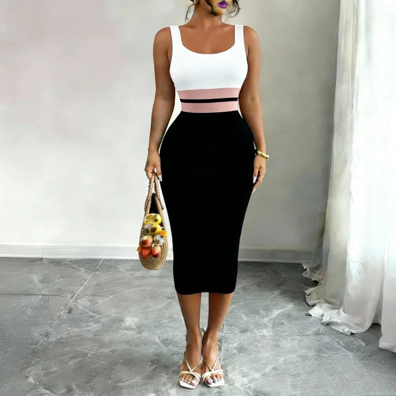Women's White Black Patchwork Block Square Neck Sleeveless Stretchy Knit Bodycon Midi Dress Elegant Summer Daily Party...