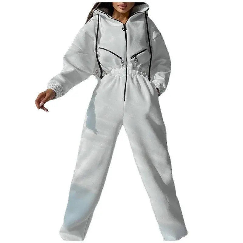 Long Sleeve Sports Casual Women's Hooded Overall Pants Jumpsuits Solid Color Jumpsuit Women One-Piece Suit - Kimlud