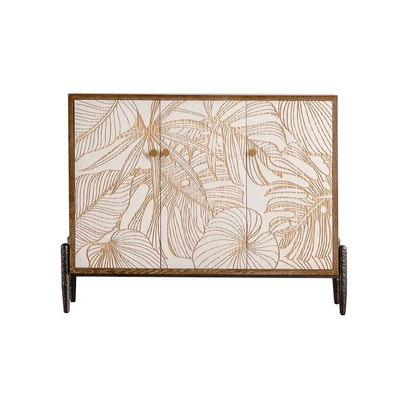 Modern Solid Wood Carving Flower Sideboard Buffet Cabinet with Door, Large Kitchen Storage Cabinet with Solid Wood Console Table