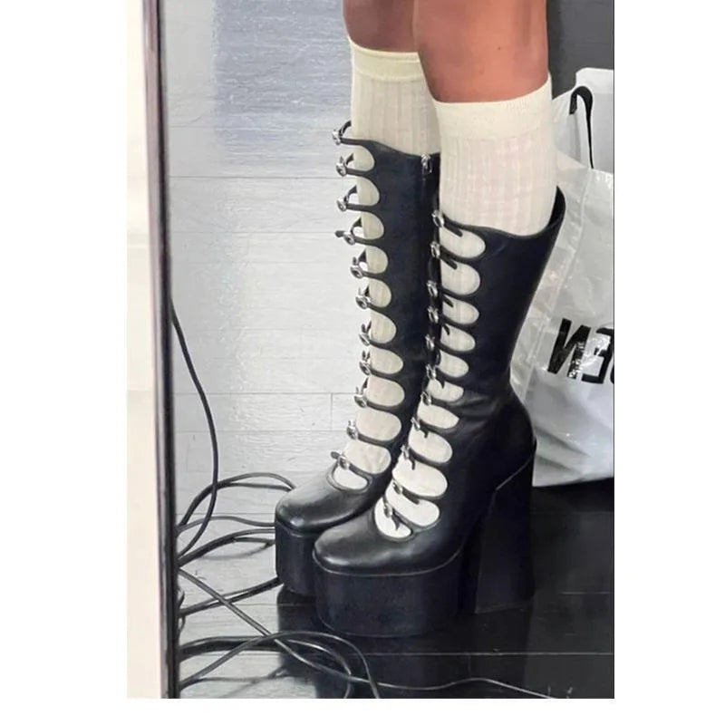 European and American High-heeled Sexy Belt Buckle Knee High Mary Jane Boots Women's Fashionable Thick Soled Banquet Shoes - Kimlud