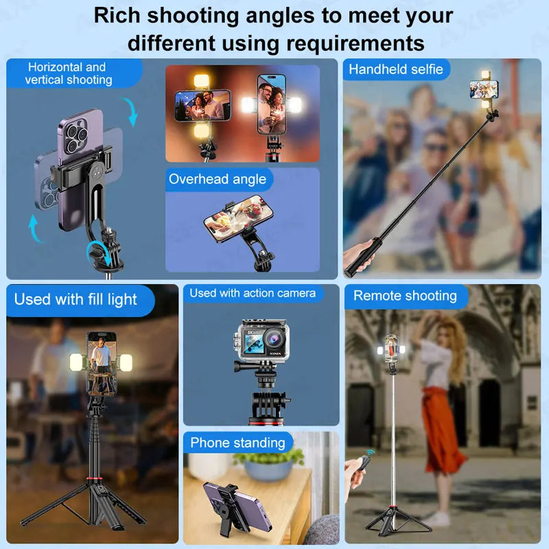 C12D/C13D Tripod for Phone and Action Camera Gopro Stand with Fill Light Remote Control for Mobile Vlog Shooting Live Recording