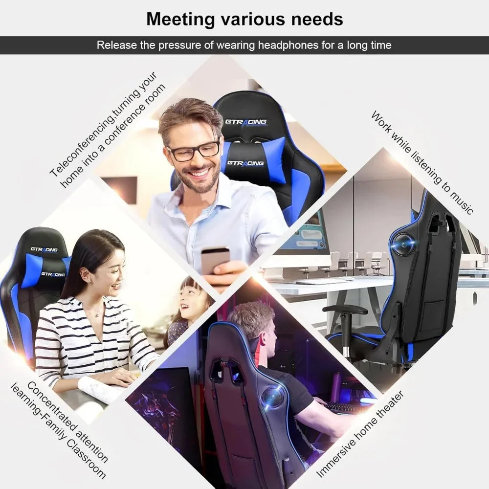 Gaming Chair With Speakers Bluetooth Music Video Game Chair Audio Ergonomic Design Heavy Duty Office Computer Desk Chair(Blue)-N