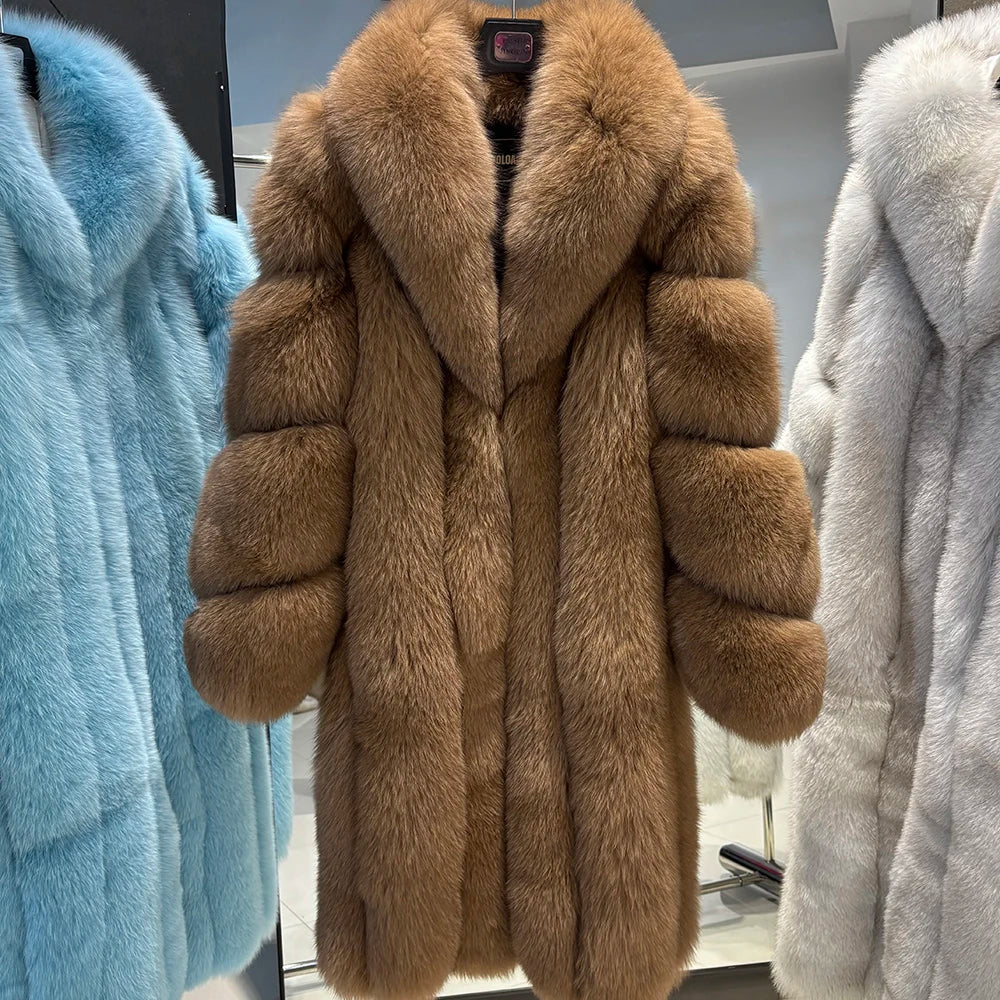 YOLOAgain 2025 Winter Warm Long Luxury Real Fox Fur Jacket Coat Women 120cm length