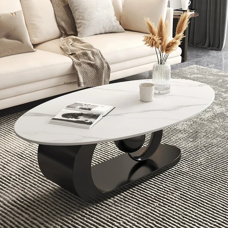 Italian Rock Plate Coffee Tables Living Room Luxury Oval Side Table Creative Wrought Iron Center Table Set Nordic Home...