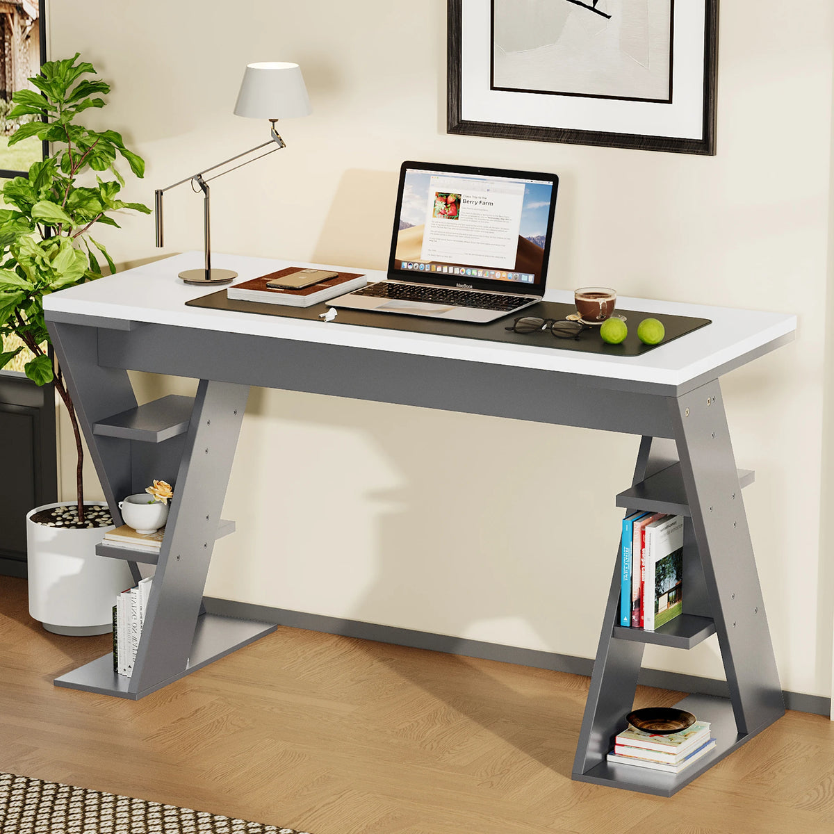 HOUSE SPOLE Computer table with X-shaped bracket, office table with 6 storage rack, Grey | Kimlud Office Luxury Table