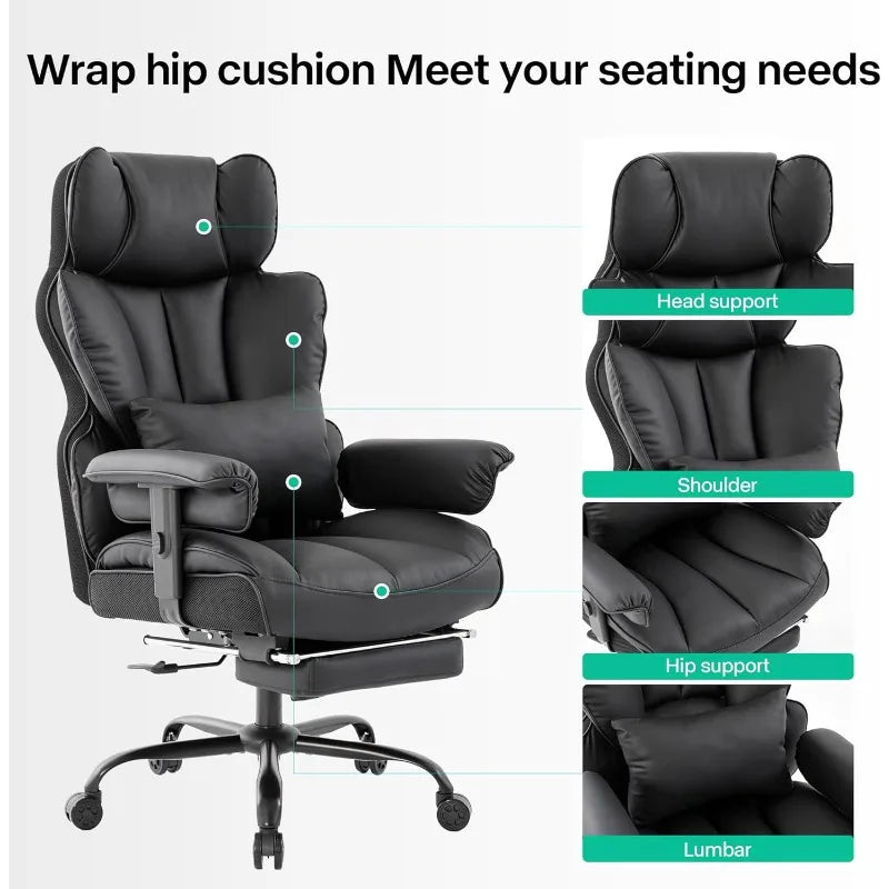 Big and Tall Office Chair 400lbs Wide Seat,High Back Gaming Chair with Foot Rest, Ergonomic Reclining Executive Office Chairs - Kimlud