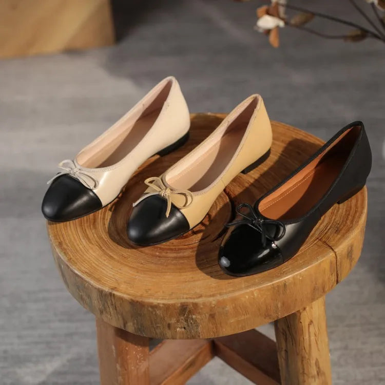 Luxury Brand Design 100% Genuine Leather Round Toe Bow Ballet Flat Shoes Women Casual Shoes Zapatos Mujer