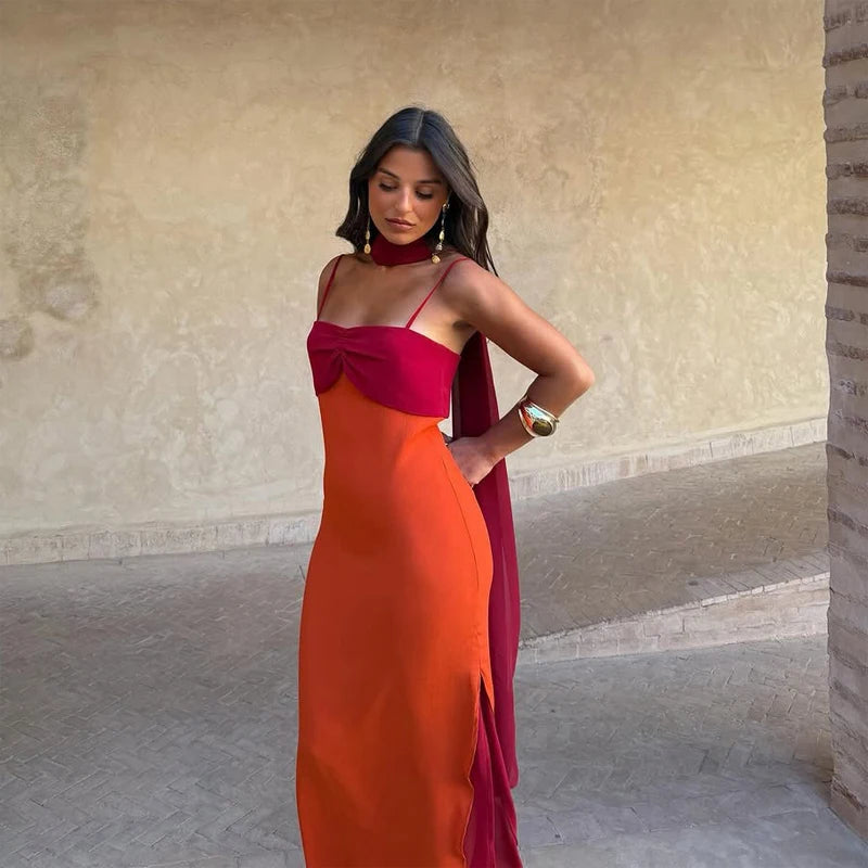 Women Color Blocking Scarf Collar Sling Dress Sexy Waist Cinching Split Bodycon Slim Fit Dresses 2026 Lady Highstreet...