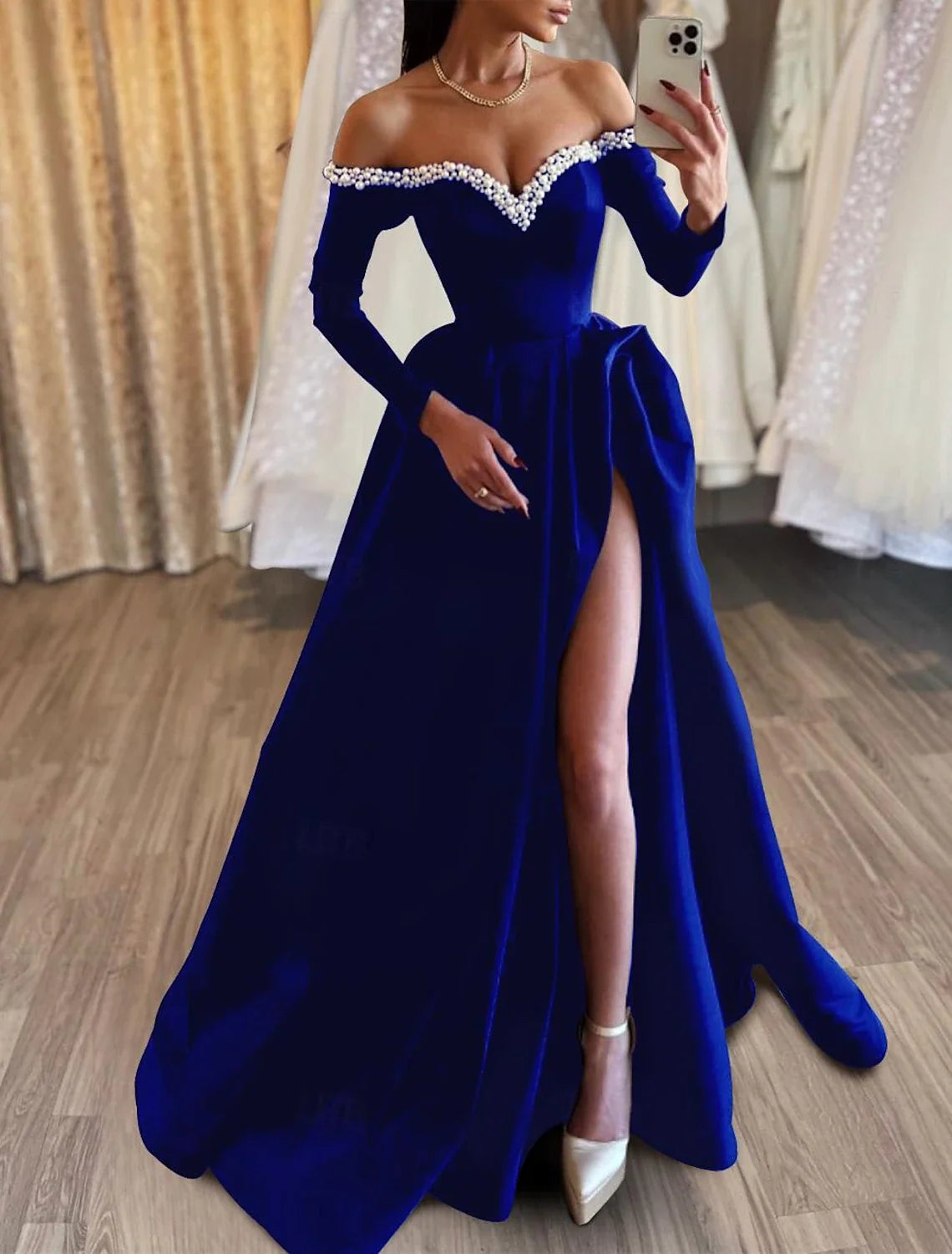 A-Line Evening Gown Black Dress Formal Masquerade Sweep Train Long Sleeve Off Shoulder Satin Pearls Slit 2025 Free Customized