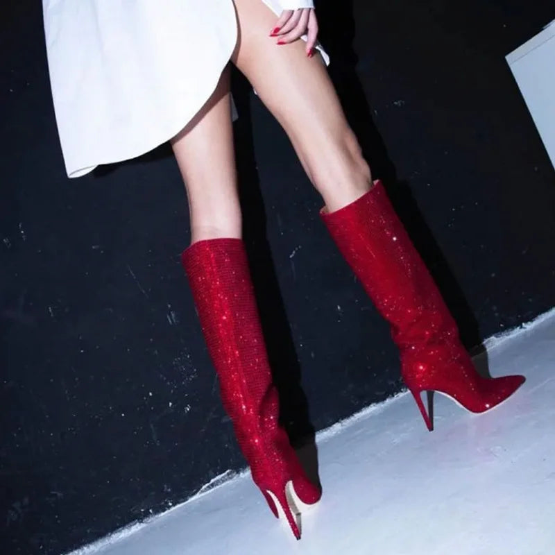 2025Women's New European and American Fashion Show Starry Sky High-heeled Rhinestone Pointed Nightclub Four Seasons Boots