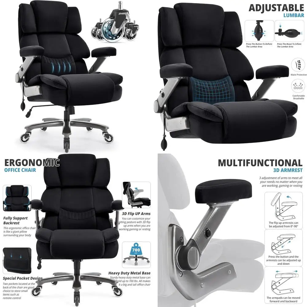 large capacity 700lbs ergonomic office chair with adjustable lumbar support, 3d flip arms, and heavy duty wheels