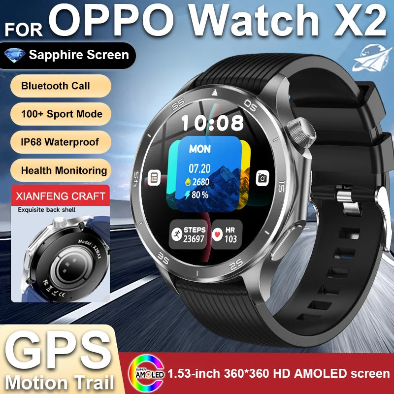 2025 NEW OPPO WANCH X2 MAX Outdoor Sports Men SmartWatch GPS Motion Trajectory Compass AMOLED Screen IP67 Waterproof Smart Watch