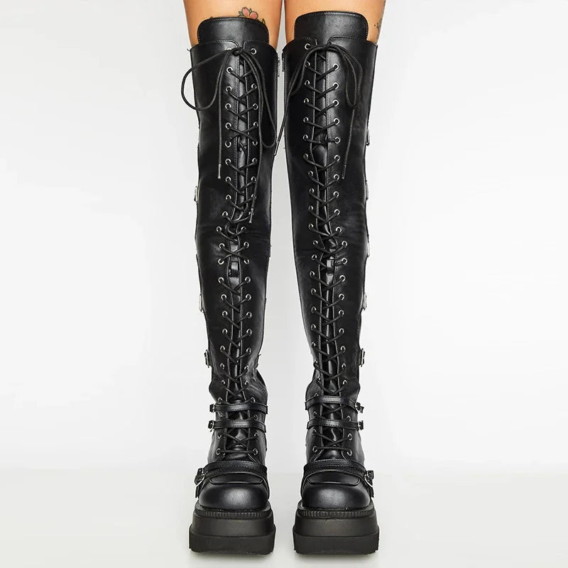 Over-the-knee Boots Women Platform Heels Belt Buckle Boot Motorcycle Goth Shoe Thigh High Flat Boots Plus Size 42 43