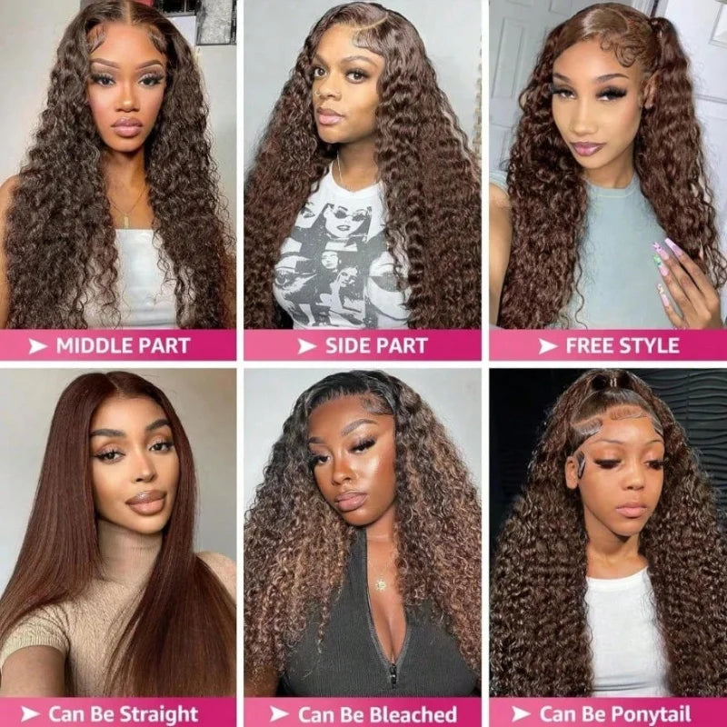 30‑40 Inch Chocolate Brown Deep Wave 13x6 Lace Frontal Wigs Premium Human Hair Preplucked 200% Density Colored Curly Wig...
