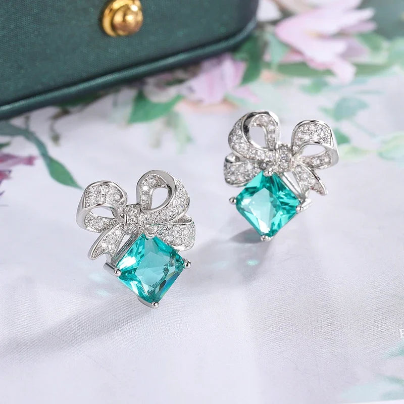 Beautiful 925 Sterling Silver Earrings for Women's Shiny Green AAAA Zircon Earrings Stylish Geometric Jewelry Party Earrings