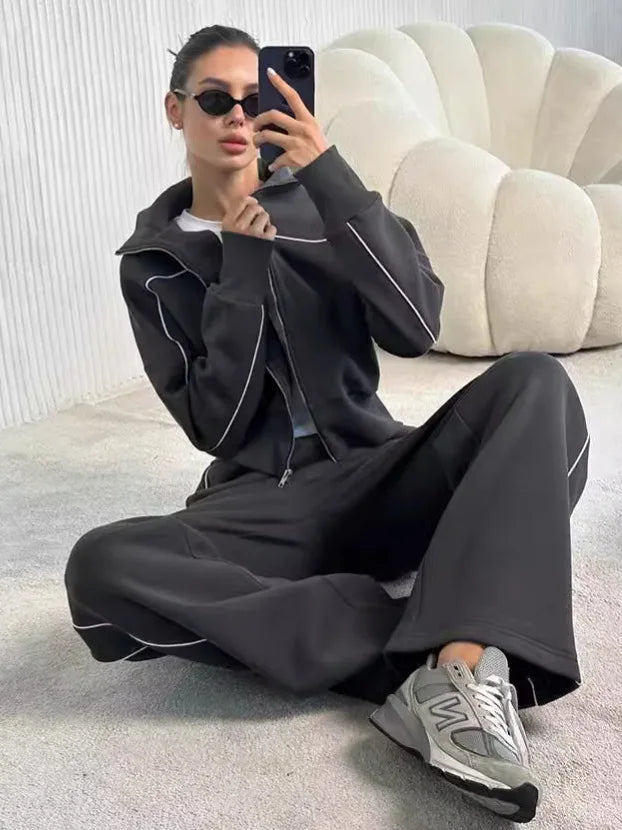 Women's Autumn Casual Long Sleeve Zipper Hoodie Jacket Striped Elastic Pants Set Fashionable Two-Piece Suit Comfortable Wear - Kimlud