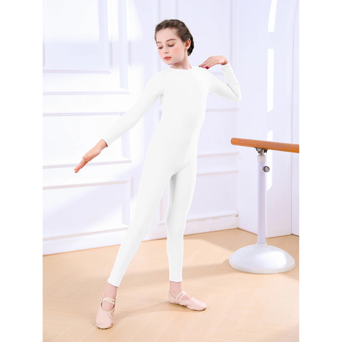 AOYLISEY Girls Black Long Sleeve Unitard Boys Gymnast Bodysuit Spandex Full Body Kids Jumpsuit Scoop Neck Dance Costumes