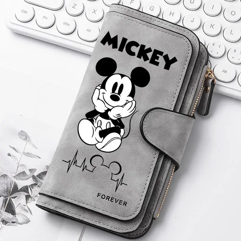 Mickey Minnie Lady Long Zip Wallet Buckle Tote Bag Coin Purse Soft PU Leather Multi-functional Card Holder Casual Daily