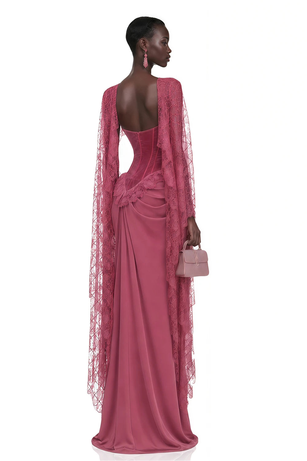 Mila Custom Dusty Rose High Neck Lace Long Flounce Sleeve Mermaid Prom Dress Spliced Velvet Formal Evening Gown Homecoming Dress - Kimlud
