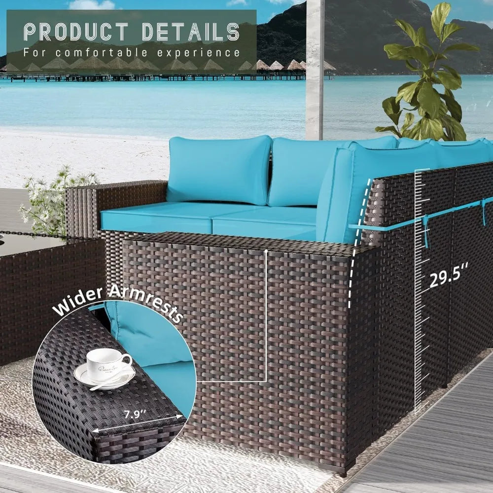 Garden Furniture Sets Outdoor Patio Furniture Set PE Rattan Wicker Sectional Conversation Set with Coffee Table Turquoise Blue - Kimlud