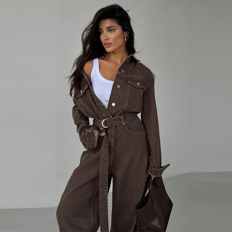 Chic Denim Women's Jumpsuit Turn-Down Collar Lace Up Full Sleeve Lady Long Jumpsuits 2026 Spring Casual Female Streetwear - Kimlud