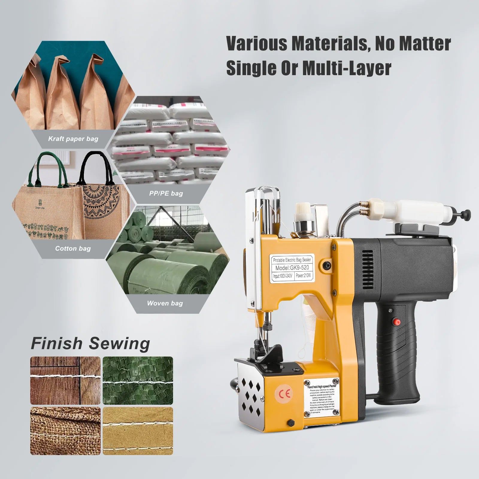 GK9-520 190W Handheld Sewing Machine Industrial Electric Bag Sealer With Oil Jug 18000rpm For Rice Bag Woven Bag Sealing Packer