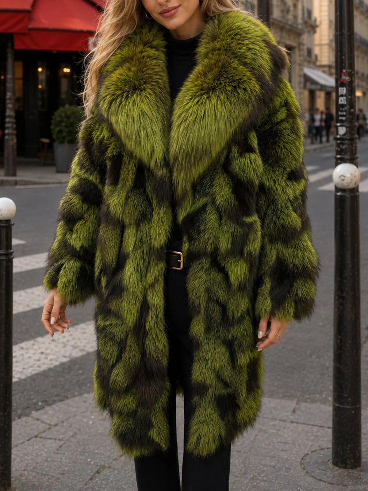 Women’s Genuine Real Fox Fur Patchwork Long Coat, Green‑Brown Color‑Block Wide Lapel Collar, Loose‑Fit Fluffy Luxury 260628