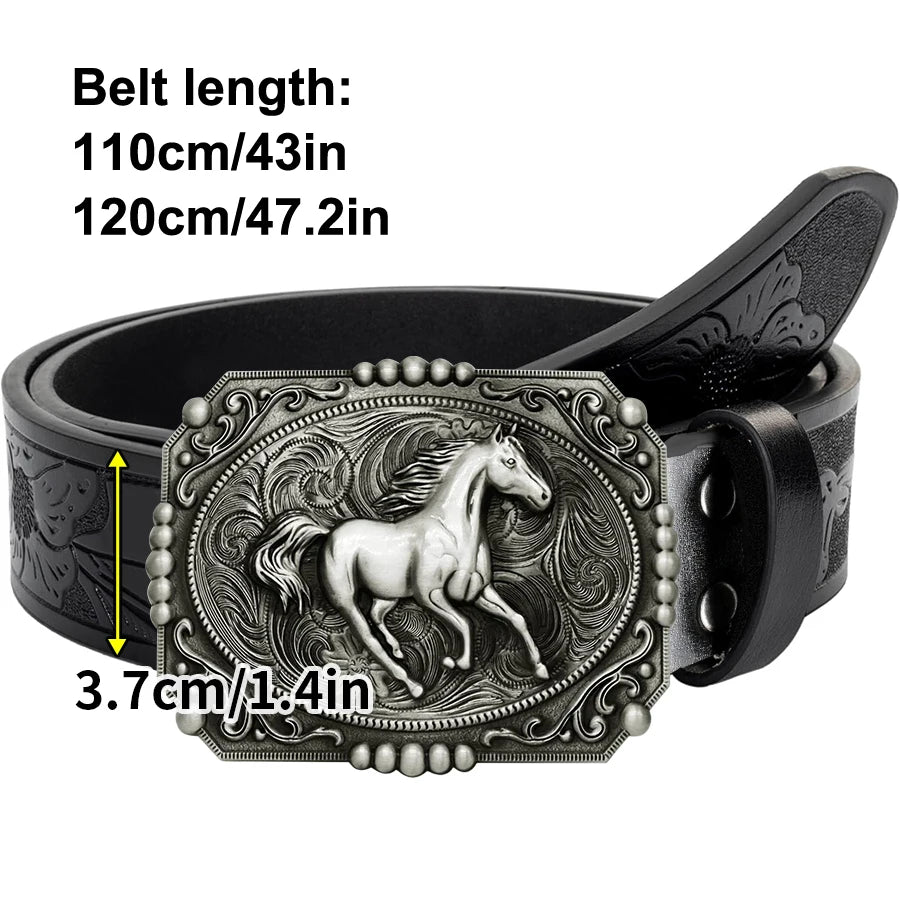 1pc men's Western style belt, wild horse, carved floral patterns and long horn decorations, retro style, great Valentine's Day g
