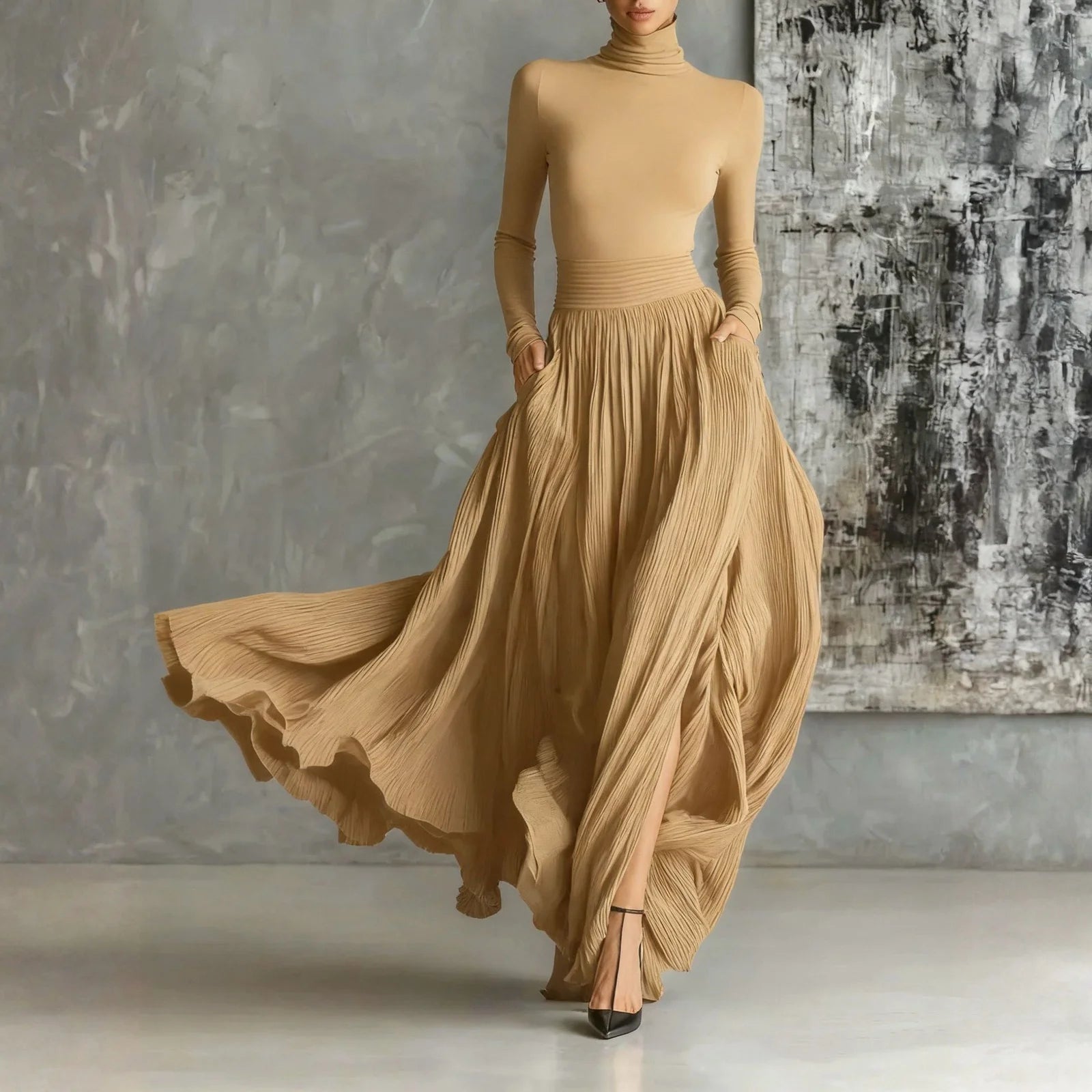 French Retro Elegant Light Luxury Slim-fit Dress for Women Turtleneck Long Sleeve Long Dresses Flowy Dress with a Large Skirt - Kimlud