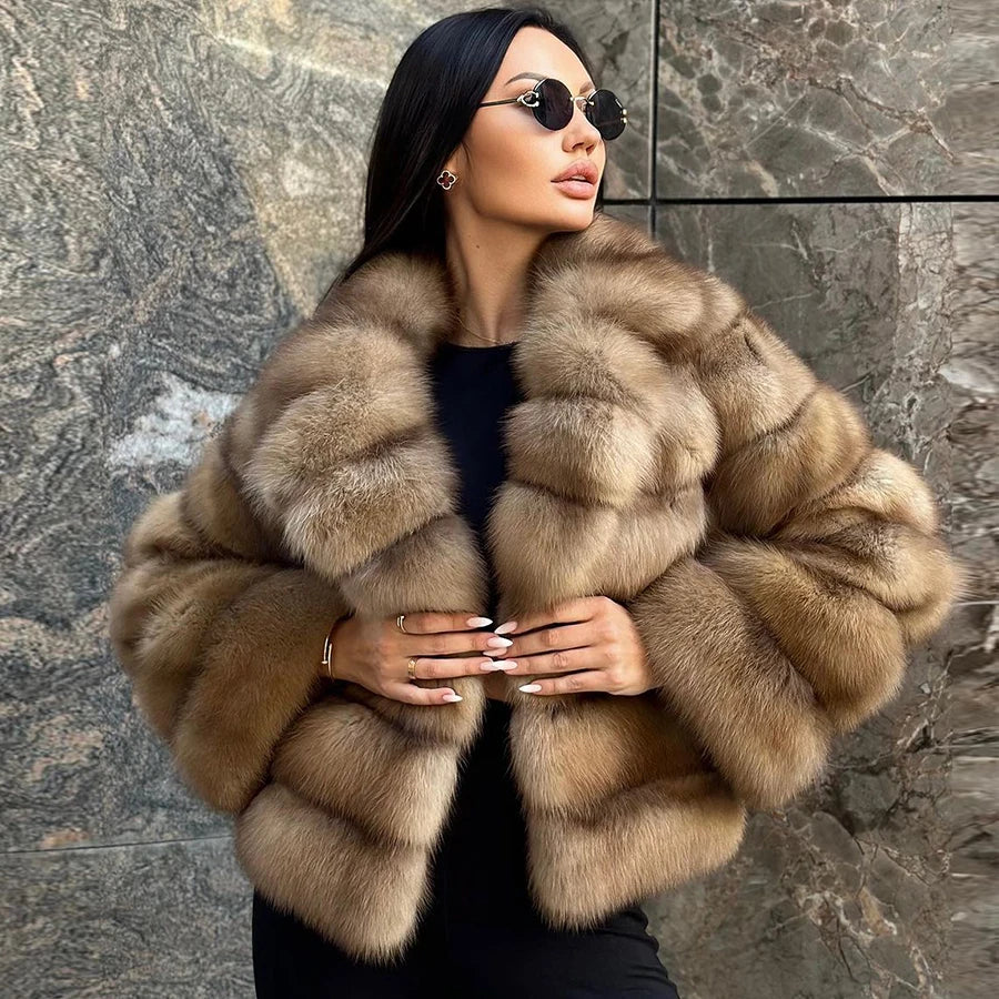 Women's Clothing Genuine Fox Fur Jacket Natural Fox Fur Fluffy Coat Lapel Luxury Brands Women Short Real Fur Coat