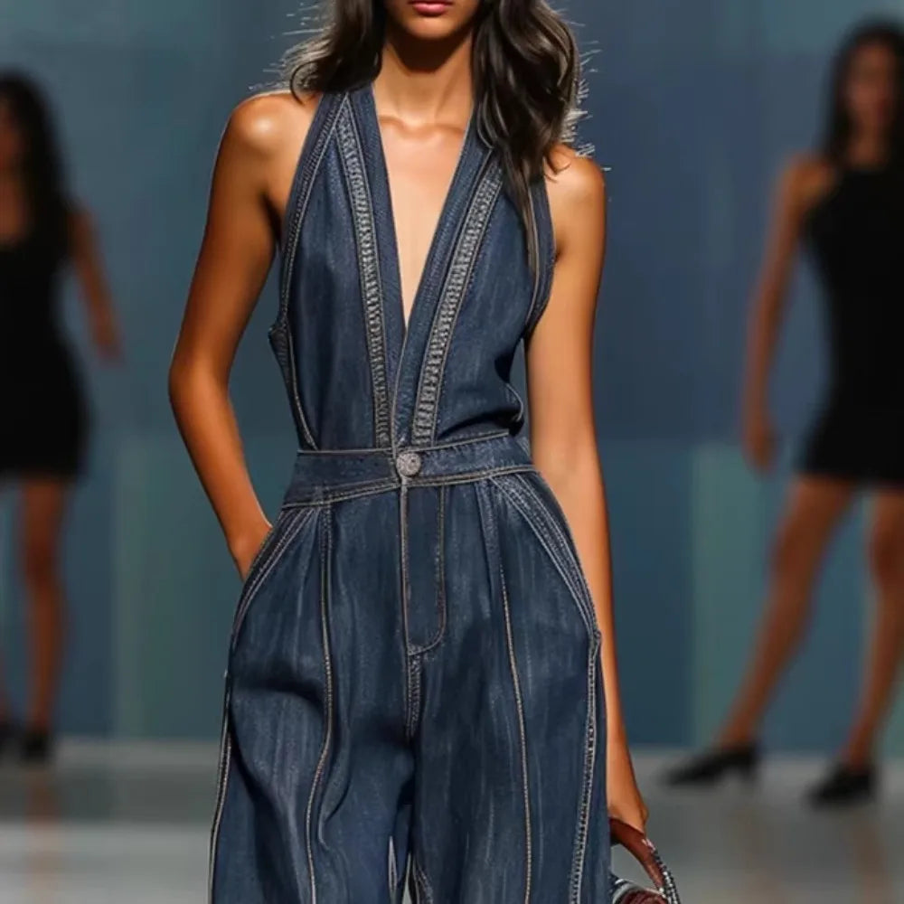 Women's Halter Neck Faux Denim Jumpsuit Sleeveless Deep V-Neck Wide Leg Denim Romper Vintage Inspired Retro Overalls |...