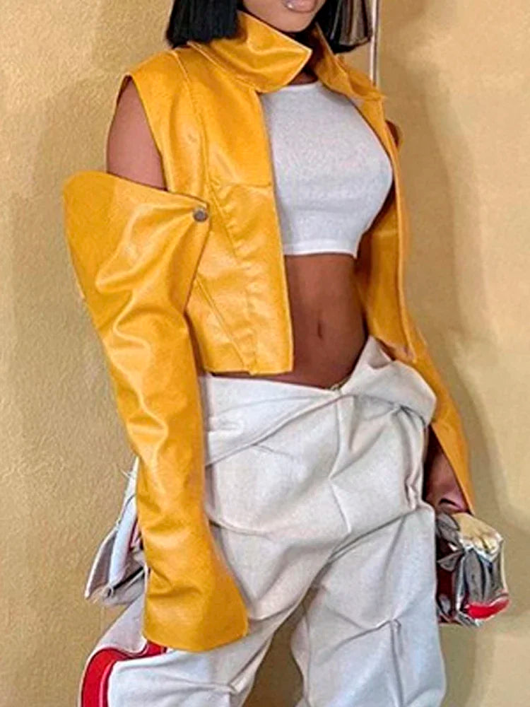 Yellow Sexy Off Shoulder PU Faux Leather Jackets for Women 2025 Autumn Spring Fashion Streetwear Lapel Long Sleeve Coat Female