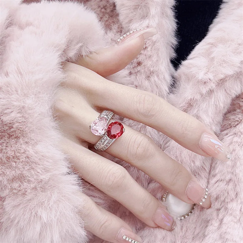 925 Sterling Silver Luxury Sparkling Zircon Pink Gemstone Ring for Ladies Party Adjustable Ring Reception Jewelry Gift