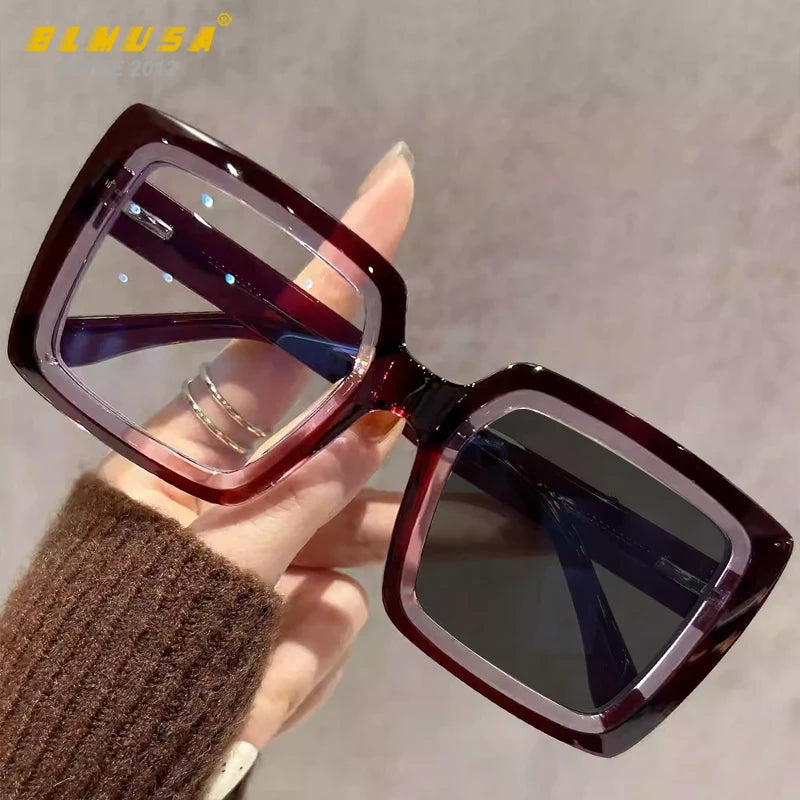 BLMUSA Square Photochromic Blue Light Blocking Large Frame Eyeglasses fashion Reading Glasses ladies Prescription Myopia Glasses - Kimlud