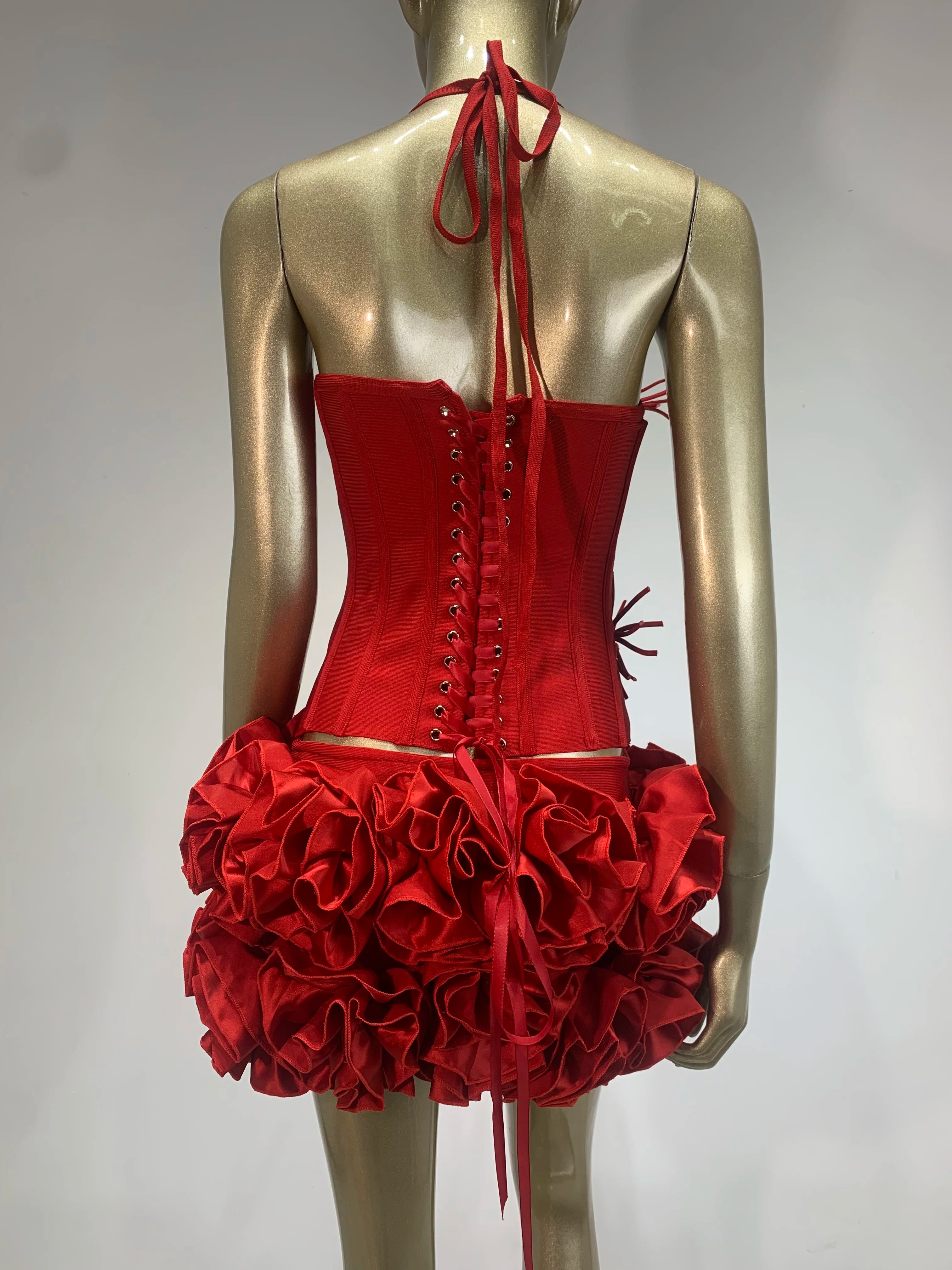 High End Fashion Women Red Bandage Outfit Halter Slash Neck Corset Top And Rose Mini Skirt Two Pieces Sets Evening Club Party