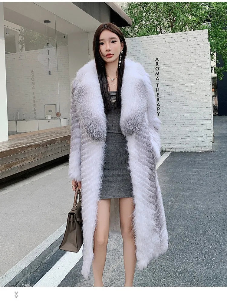 Lady Clothes Long Real Fur Coat Women Natural Silver Fox Autumn Warm Female Fox Parkas high Quality Outwear