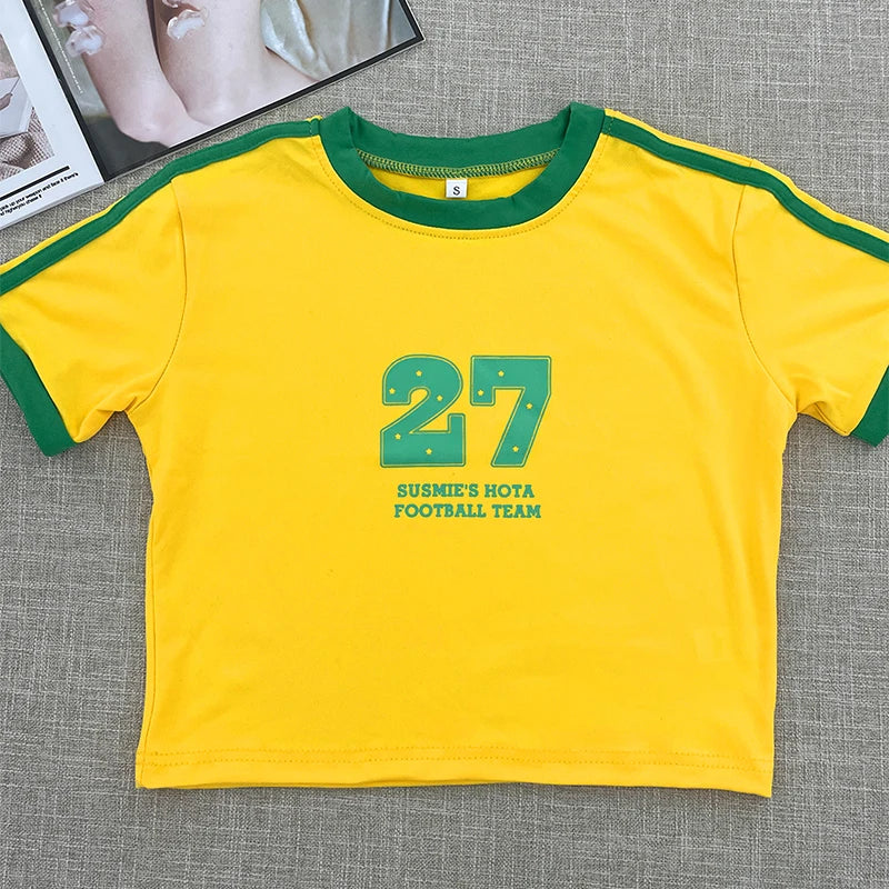 2024 Retro Street Aesthetic Baby T-shirt Women Green Brazil Letters Print Crop Tops Casual Slim Short Sleeve Y2k Clothes E-girls