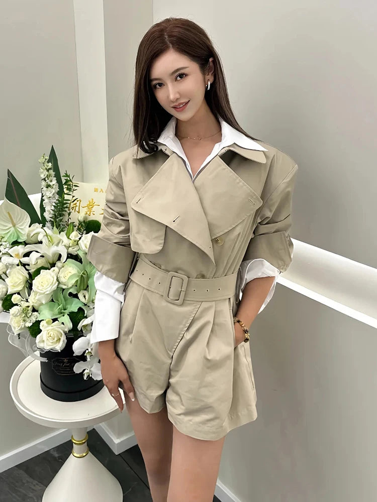 DEAT Fashion Khaki Jumpsuit Women's Lapel Double-Breasted Sashes Trench Coat Loose Rompers Autumn New 7A1521 - Kimlud