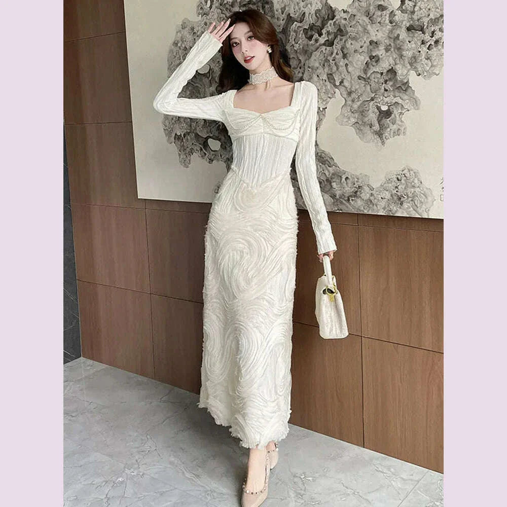 French Romantic Beige Textured Patchwork Design Elegant Square Neck Appliques Slim Elastic Knit Dress