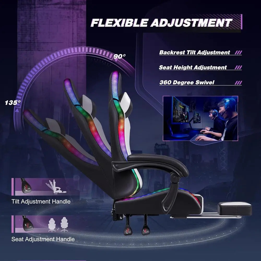 Ergonomic Gaming Chair with Footrest, Lumbar Massage, RGB Ivory, Adjustable Height & Swivel Seat