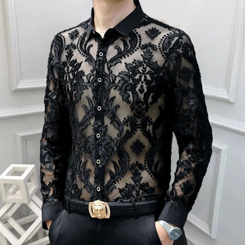 3 Colours Soft Velvet Slim-fit Men Clothing Nightclub long sleeved Sexy Polo See Through High Quality Transparent Floral Polo - Kimlud