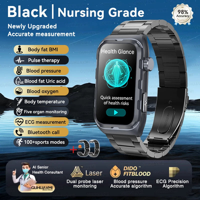 2025 New Nursing Grade ECG+PPG Pulse therapy Smartwatch Men Blood lipid Uric acid Bluetooth call Health Bracelet For Android iOS