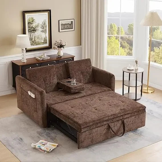 Convertible Brown Sofa Bed with Cup Holders, Pull-Out Sleeper, USB Ports for Living Rooms, Bedrooms, and RVs | Kimlud...