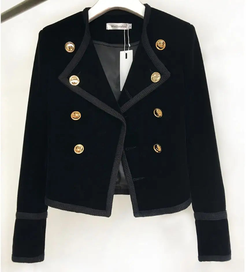 Women Short Jacket Coat Autumn Winter Double Breasted Suit Female Velvet Black Slim Outwear