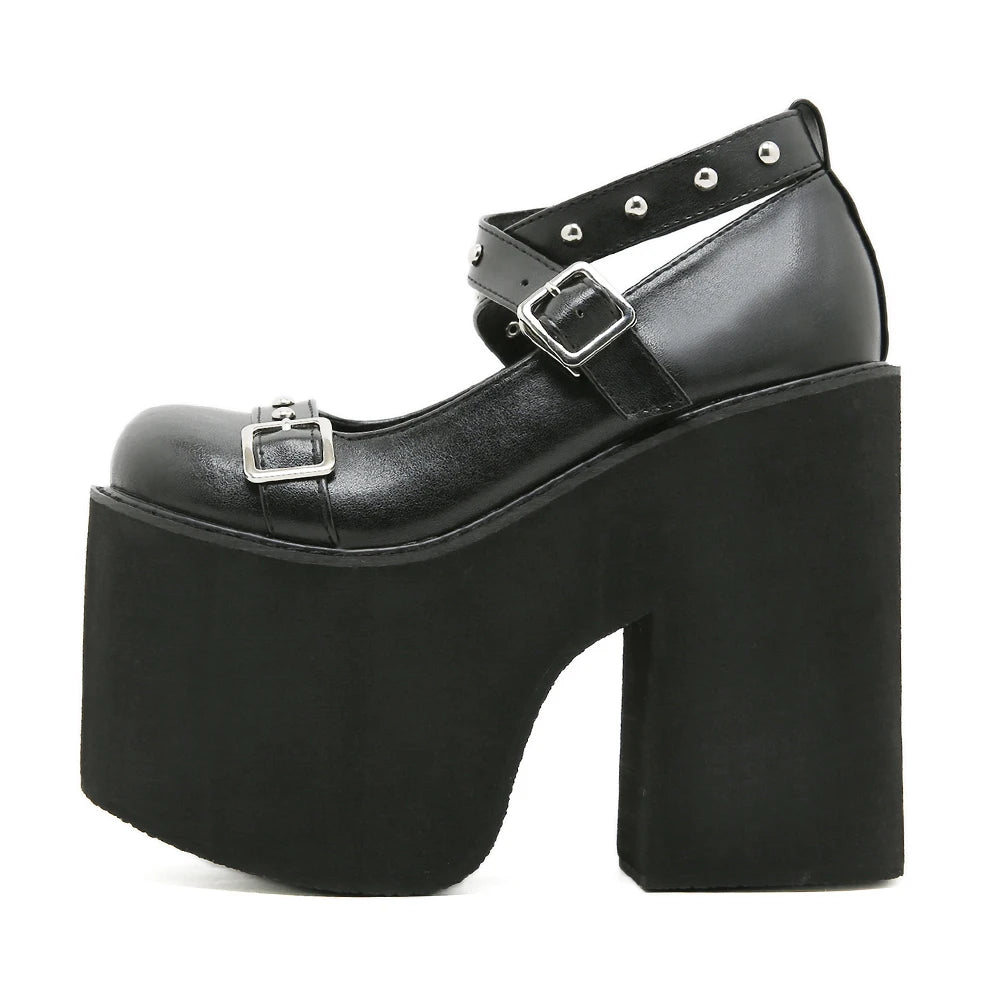 Gdgydh Punk Style Black Rivet Buckle High Heels Shoes for Women Trendy Gothic Waterproof Platform Shoes Belt Buckle...