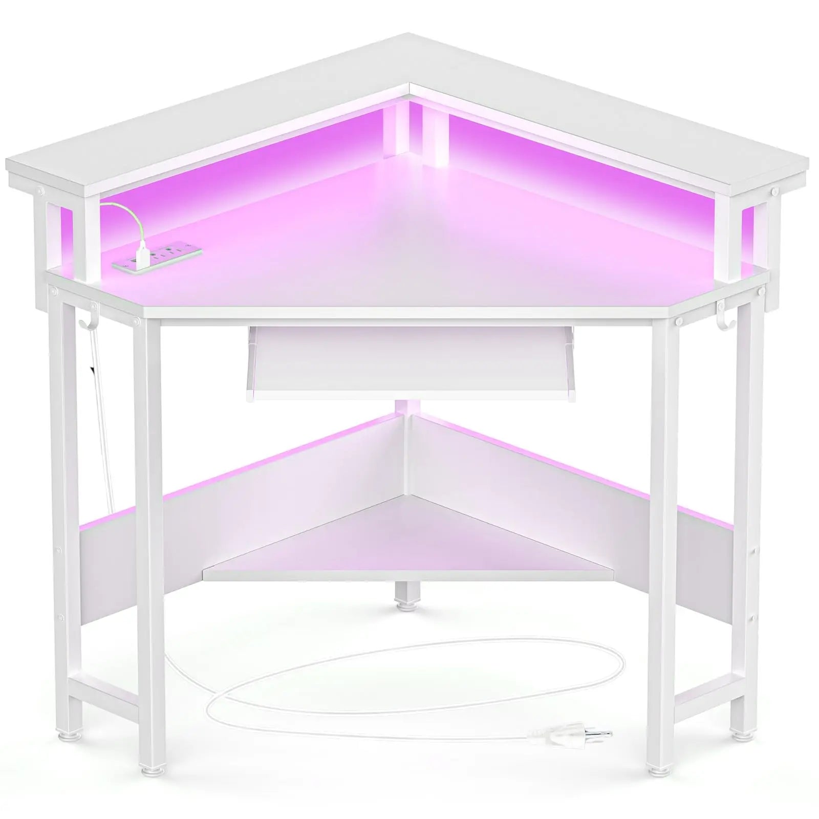 JHK Corner Desk Office Computer Desk for Small Space with LED Lights Gaming Table with Storage Shelves Power Outlets For Home