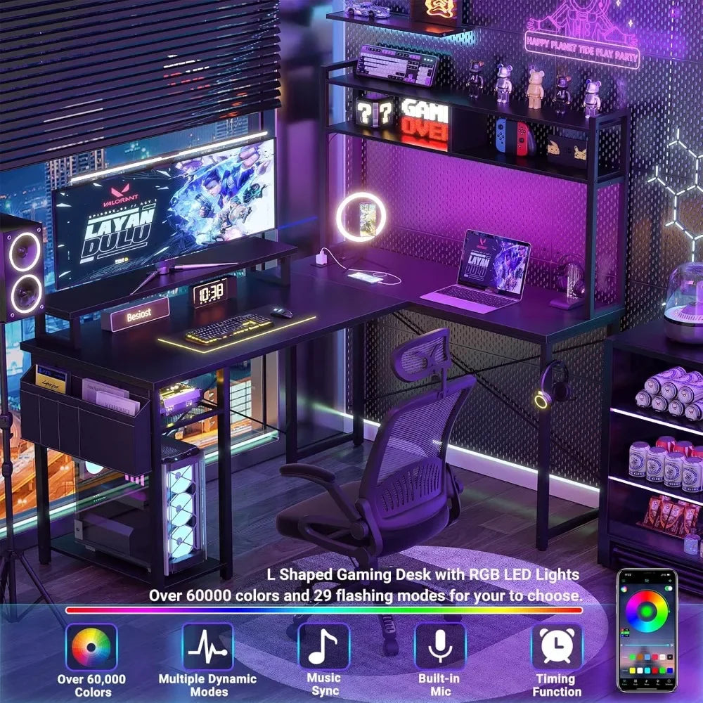 Top Rated Small L Shaped Desk Gaming Desk with Power Outlets, 48" Reversible L Shaped LED Computer Desk with Monitor Stand & Sto